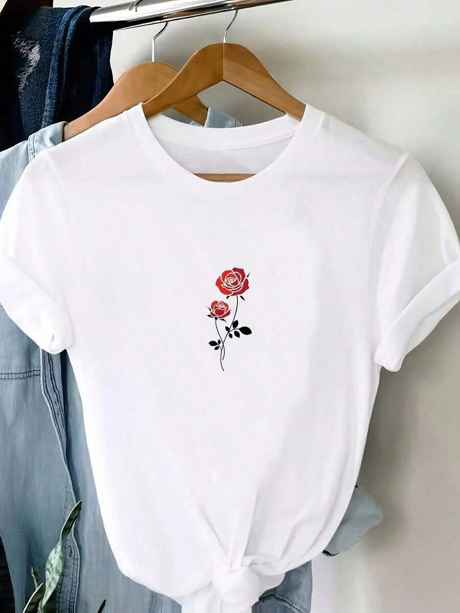 Camiseta Casual con Estampado Floral para Mujer - Top de Manga Corta con Cuello Redondo y Diseño de Rosas Rojas Brillantes y Hojas Verdes, Ligera y Adecuada para el Verano, Camiseta para Mujer - Camiseta Unisex de Algodón, Corte Holgado, Cómoda y de Estilo Vintage Urbano, Ideal para primavera, verano y otoño. - Blanco - Ver 1