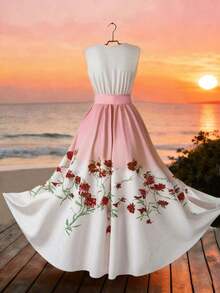 Vestido de mujer de longitud media sin mangas con cuello en V, estampado floral y efecto degradado - Multicolor - Ver 2