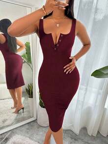 Vestido largo de verano informal de unicolor, de corte ceñido y sin mangas para mujer - Burdeos - Ver 6
