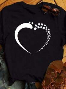 Diseño Sencillo y Versátil, Camiseta Navideña Maycaur para Mujer con Estampado de Estrellas y Luna, Estilo Harajuku, Cuello Redondo Casual, Manga Corta, Camiseta Negra para Mujer, Envío Directo, Camiseta de Algodón - Negro - Ver 1