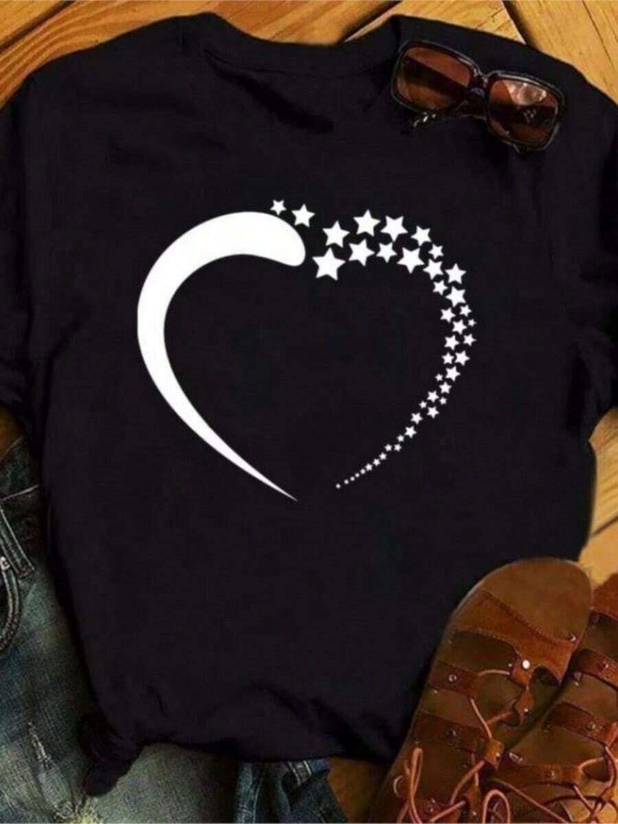 Diseño Sencillo y Versátil, Camiseta Navideña Maycaur para Mujer con Estampado de Estrellas y Luna, Estilo Harajuku, Cuello Redondo Casual, Manga Corta, Camiseta Negra para Mujer, Envío Directo, Camiseta de Algodón - Negro - Ver 1
