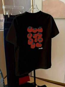 Lightweight, Simple, And Versatile Printed T-Shirt - Short-Sleeved T-Shirt With A Small Tomato Print, Casual Style - Ideal Fabric For Summer. Comfortable Women's Fashion - Soft And Breathable, Suitable For Everyday Casual Wear, Very Popular. Pure Cotton T-Shirt - 黑色 - 查看 6