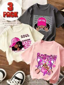 Conjunto de 3 piezas de camisetas juveniles de verano de manga corta y cuello redondo con estampado tropical, sencillas y elegantes. - Blanco - Ver 4