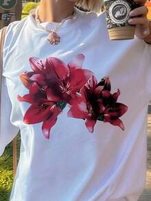 Women's Outfits 2026 New Fashion Women's Clothing: Simple And Sweet Style For Beach Vacation, Casual Short-Sleeved T-Shirt With Round Neck And Red Lily Print, Modern And Casual Style, Women's T-Shirts - 白色 - 查看 3