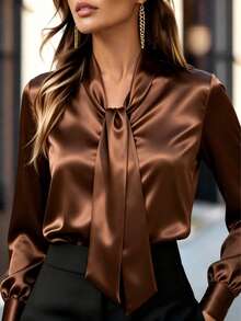 Camisa de satén marrón para mujer con detalle de corbata de moño, blusa elegante de manga larga para oficina y fiesta - Óxido marrón - Ver 3