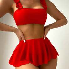 Solid Color Three-Piece Split Swimsuit Bikini - Red - View 1