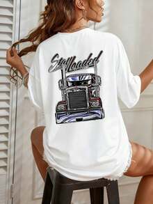 Stylish Women's T-Shirt With Large And Detailed Truck Print, Casual Short Sleeve Blouse Ideal For Summer, Semi-Trailer Graphic Design, Soft And Comfortable Clothing For Women - Lightweight And Breathable - 紅色的 - 查看 11
