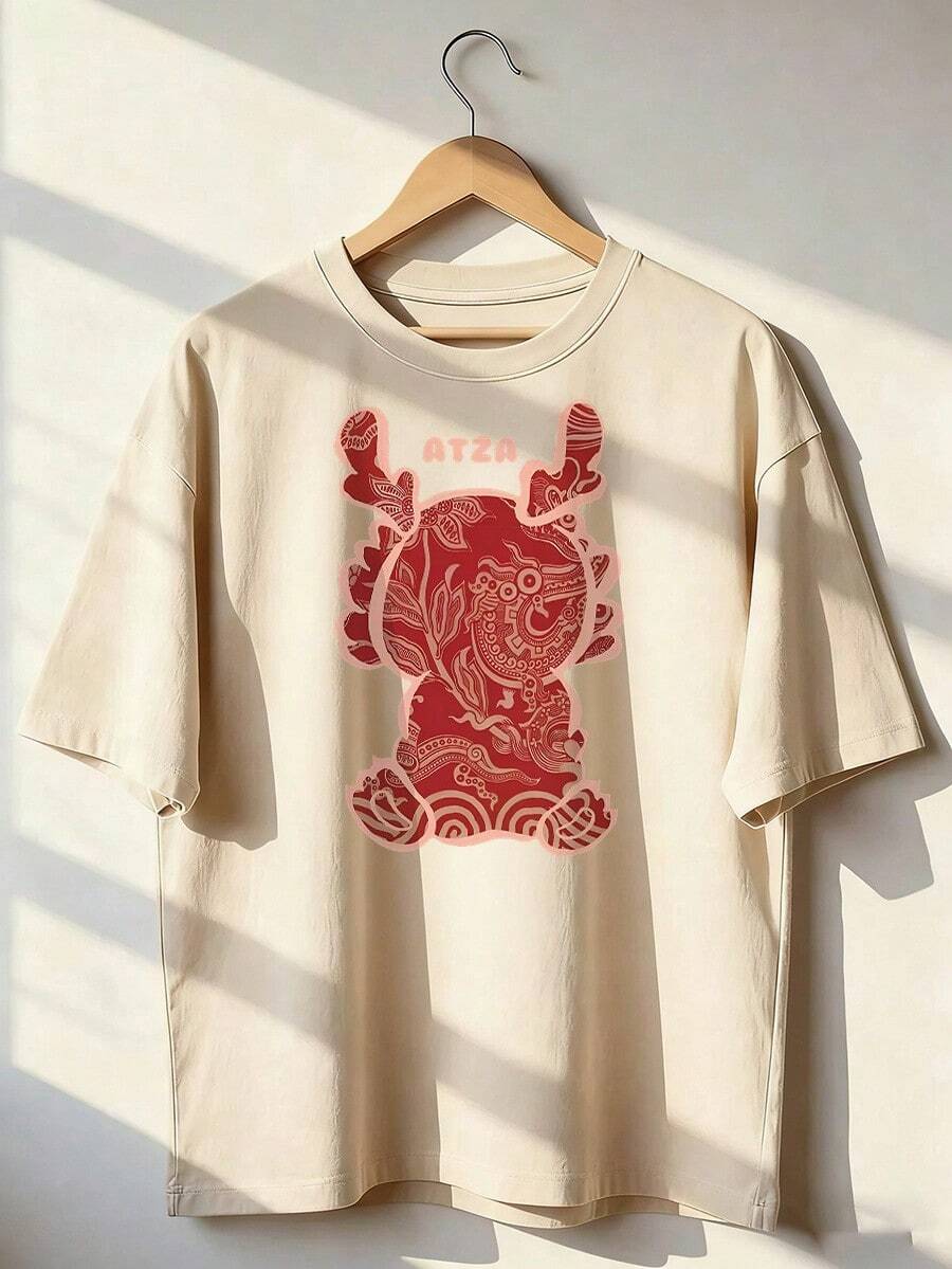 Chinese New Year Dragon T-Shirt, Fashionable Short-Sleeve T-Shirt For Spring And Summer 2026, Made In Mexico, 180 Grams. Cartoon Print, Couple Design, Suitable For Indoor Or Outdoor Wear. Crew Neck, Unisex, Ideal For Office And Leisure. One-Piece Pack. - APR-P631577SLNDXZGY574 - 查看 1