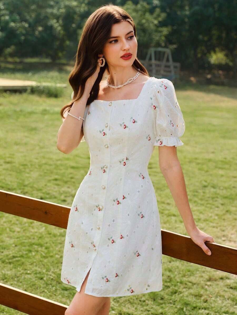 Vestido elegante y clásico vintage con bordado floral, vestido ajustado de primavera/verano con cuello cuadrado, botones de perla, manga corta, volante en el bajo, vestido blanco mini - Blanco - Ver 1