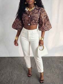 Blusa suelta y elegante con botones delanteros y estampado total para mujer - Multicolor - Ver 4