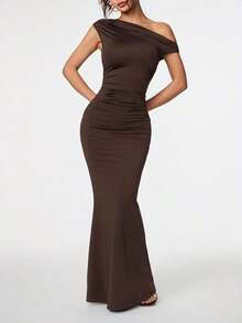 Ropa de verano, atuendos para citas diarias y viajes, atuendos de fiesta, atuendos interiores elegantes para mujeres, atuendos para salir, vestido asimétrico de sirena extra largo con hombros caídos, atuendos de club para mujeres, atuendos de - Café integral 3 - Ver 3