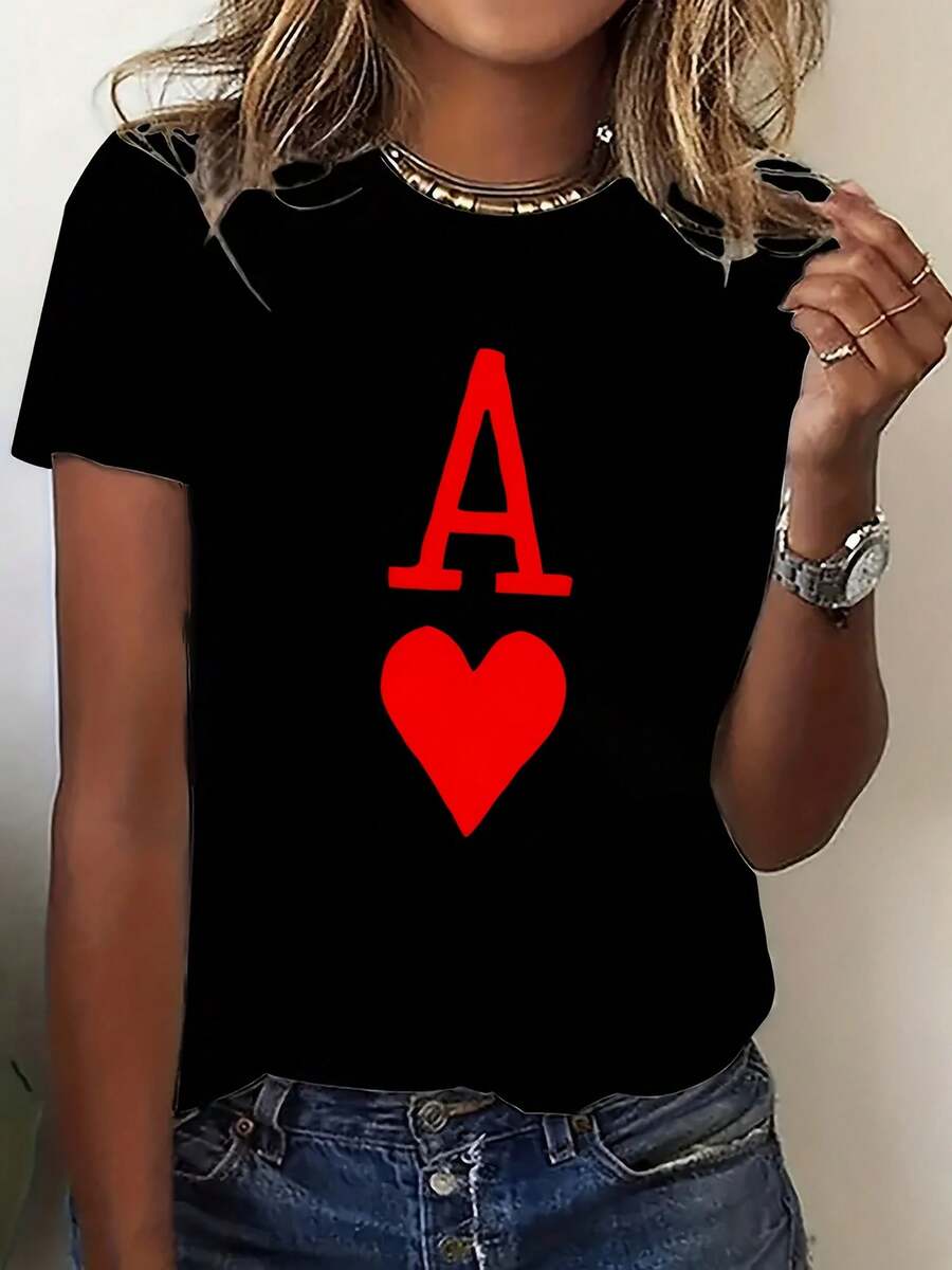 Women's Black Short-Sleeved T-Shirt With A Heart And Lettering Design, Perfect For Summer. This Casual And Versatile Top Is Comfortable, Breathable, Stylish, And A Must-Have For Everyday Wear. - 黑色 - 查看 1
