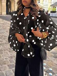 Blusa casual y sexy con estampado de corazón, contraste de color, botones delanteros y volantes/flecos en el bajo para uso en casa y vacaciones - Negro - Ver 5