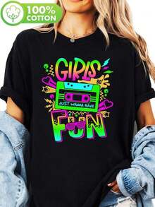Retro 80s T-Shirt - Vintage Cassette Tape Print, Short Sleeve Crew Neck With "Just Wanna Have Fun" Slogan, Green To Purple Gradient, Ideal For Spring And Summer, Machine Washable, Nostalgic T-Shirt - 黑色 - 查看 8