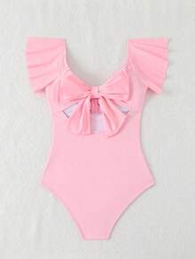 Swim Mod Traje de baño de una pieza sólida con diseño fruncido, ribete de volantes, ideal para la playa en verano - Rosa - Ver 2