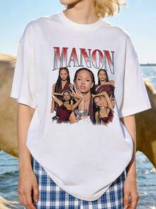 Women's Soft And Casual Short-Sleeved Crew Neck T-Shirt With A Graphic Collage Print Of K-Pop Idol Manon, Suitable For Everyday Wear. Black. - 白色 - 查看 1
