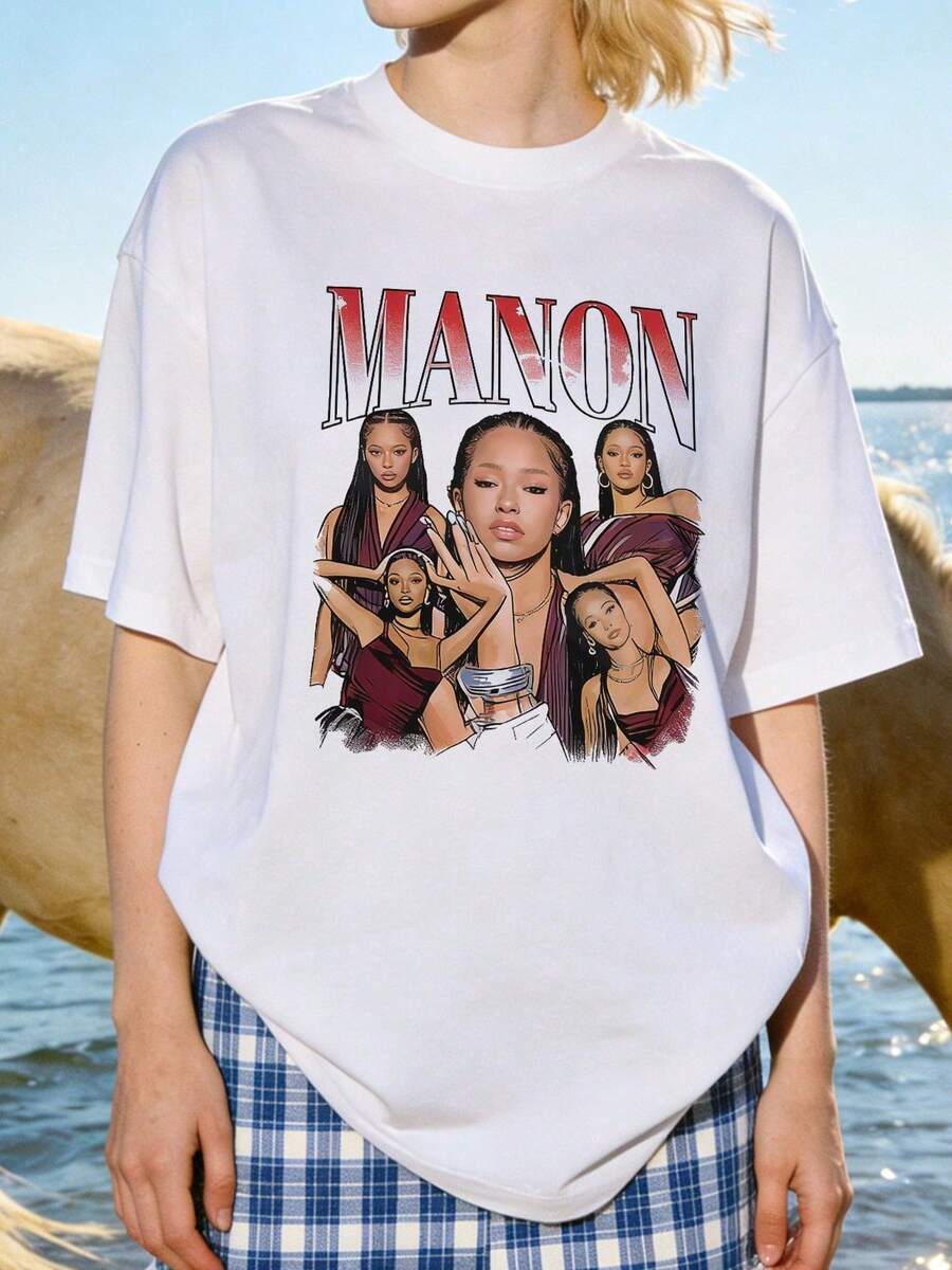 Women's Soft And Casual Short-Sleeved Crew Neck T-Shirt With A Graphic Collage Print Of K-Pop Idol Manon, Suitable For Everyday Wear. Black. - 白色 - 查看 1