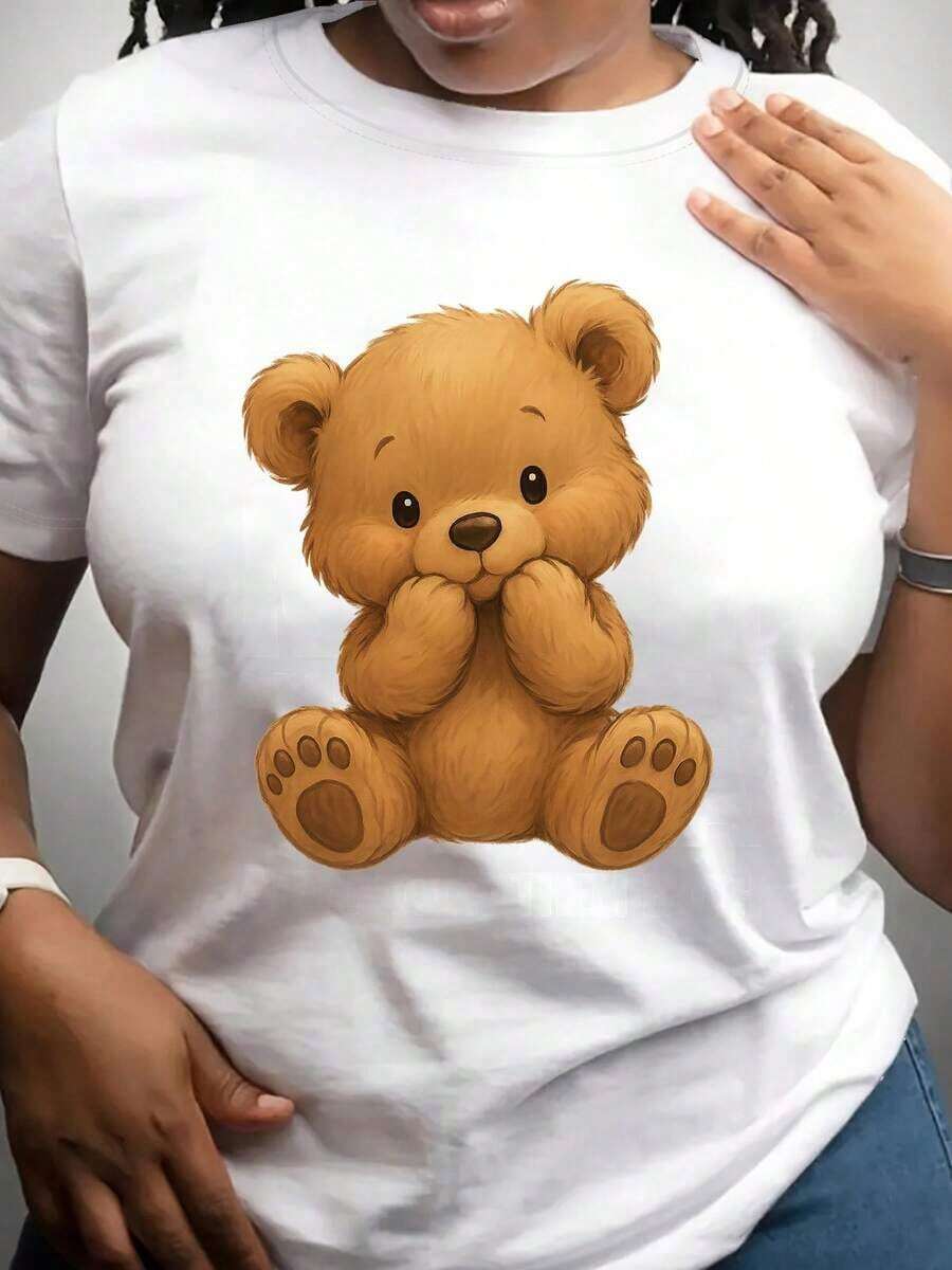 Women's Clothing Women's Casual Short-Sleeved T-Shirt With An Adorable Bear Print, Designed For A Regular Fit, Machine Washable For All Seasons, With A Bear Pattern, Made Of Comfortable And Durable Fabric Suitable For Everyday Wear Women's Shirts - 白色 - 查看 1