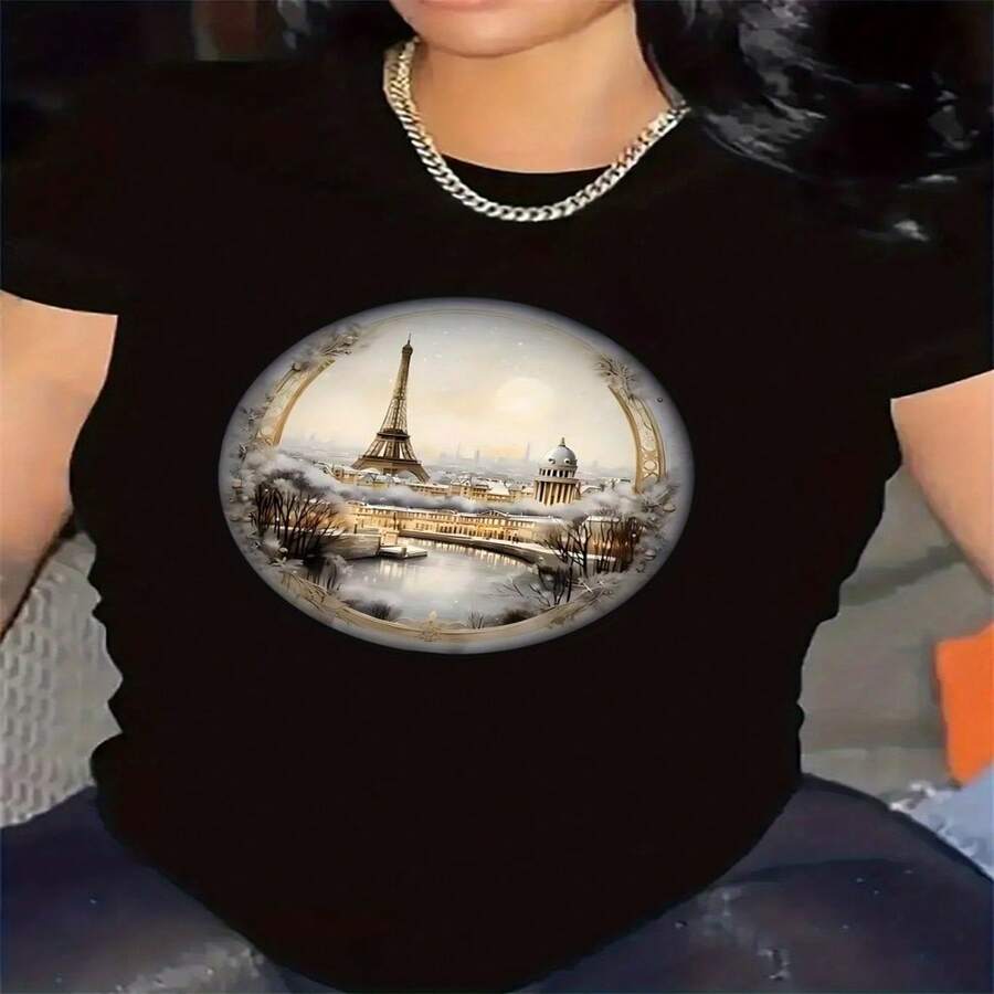 Women's Chic Paris Eiffel Tower Print T-Shirt, Short Sleeve Round Neck Cotton Top, Casual & Elegant Style for Fall - Negro - Ver 1