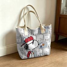 Miniso Peanuts Snoopy Basketball Comic Strip Canvas Tote Bag, White Shoulder Bag For Daily Use - Pink - View 2