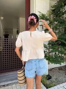 Blusa de manga corta con dobladillo de volantes y ribete de color contrastante para mujer - Albaricoque - Ver 5