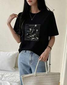 Women's Casual Loose Fit Graphic T-Shirt With Plant Print, New For Spring - Vintage Street Style Unisex Cotton Short Sleeve Crew Neck T-Shirt - 黑色 - 查看 4