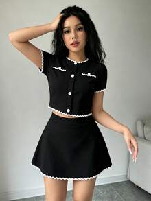 Set de 2 Piezas para Mujer: Top con Botones y Falda A-Line con Forro Antideslizante, Color Blanco Crema, Ideal para Salidas Casuales y Citas - Negro - Ver 6