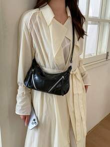 2026新款女款單肩包 小眾設計手提包 休閒百搭極簡時尚腋下包 舒適PU布料 純色設計 拉鍊開合 可調節長肩帶 大容量 春夏枕頭包 - 黑色 - 查看 4