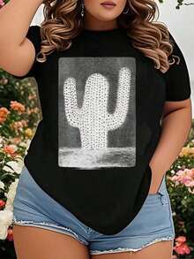 ropa de mujer Camiseta con estampado de cactus para mujer, top casual de verano con manga corta y cuello redondo, camiseta blanca con diseño artístico del desierto, perfecta para la playa, vacaciones o uso diario, camisas de mujer - Negro - Ver 1