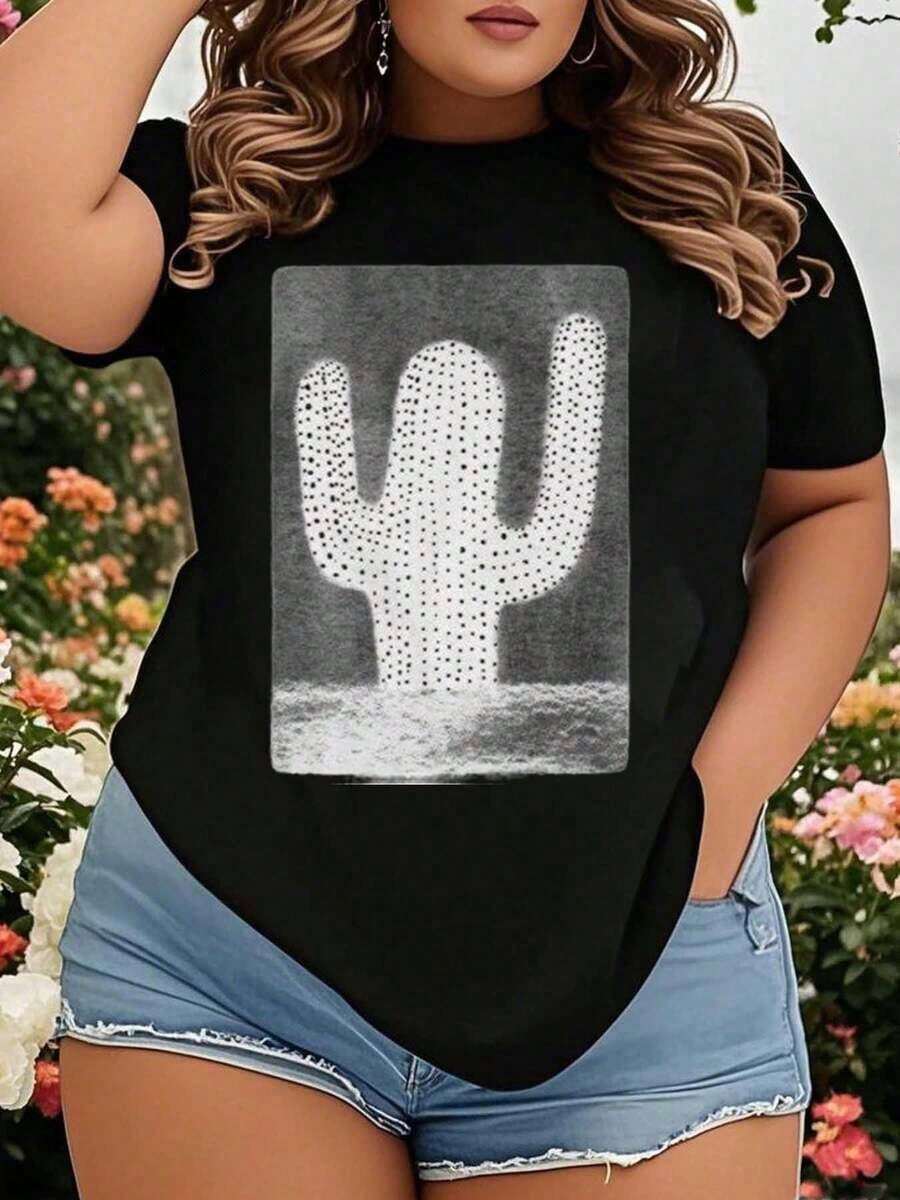 ropa de mujer Camiseta con estampado de cactus para mujer, top casual de verano con manga corta y cuello redondo, camiseta blanca con diseño artístico del desierto, perfecta para la playa, vacaciones o uso diario, camisas de mujer - Negro - Ver 1