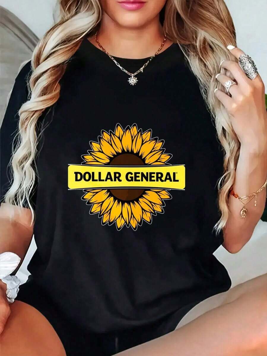 Camisetas de Algodón con Cuello Redondo y Estampado Gráfico para Mujer, Estampado con el Logo de Girasol de Dollar General, Camisetas Casuales de Manga Corta de Talla Grande, Camisetas Unisex, Camisetas de Moda para Mujer de Primavera y Verano. - Negro - Ver 1
