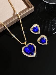 Luxury Red Heart-Shaped Gemstone Jewelry Set, Versatile Clavicle Chain, Bridal Wedding Dress Accessory - 1808 Blue-hB - View 4