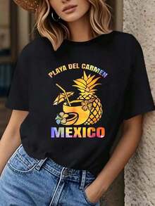 Camiseta Gráfica Retro de Playa de México para Mujer, Diseño Tropical de Palmeras y Cócteles de Playa del Carmen, Cuello Redondo Suave, Camiseta Casual Lavable a Máquina, Top de Verano para Vacaciones, Ropa de Viaje, Diseño Vibrante, Tela Elástica, Playeras de Mujer - Negro - Ver 7