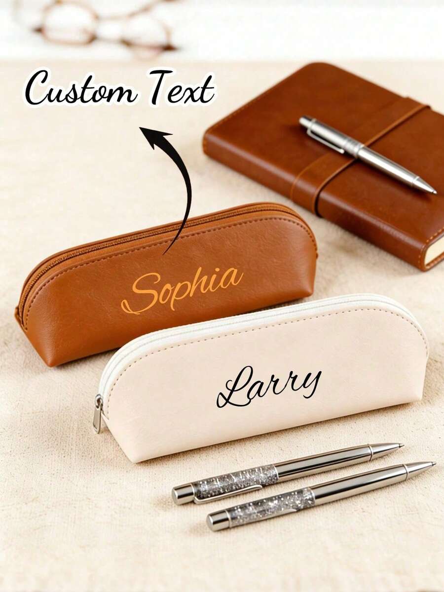Personalized Pencil Case, Minimalist Solid Color Stationery Bag, PU Material Stationery And Cosmetic Storage Bag, Customizable Name, School Supplies, Unique, Personalized, Customizable, Back To School Season, Suitable For Daily Life - Multicolor - View 1