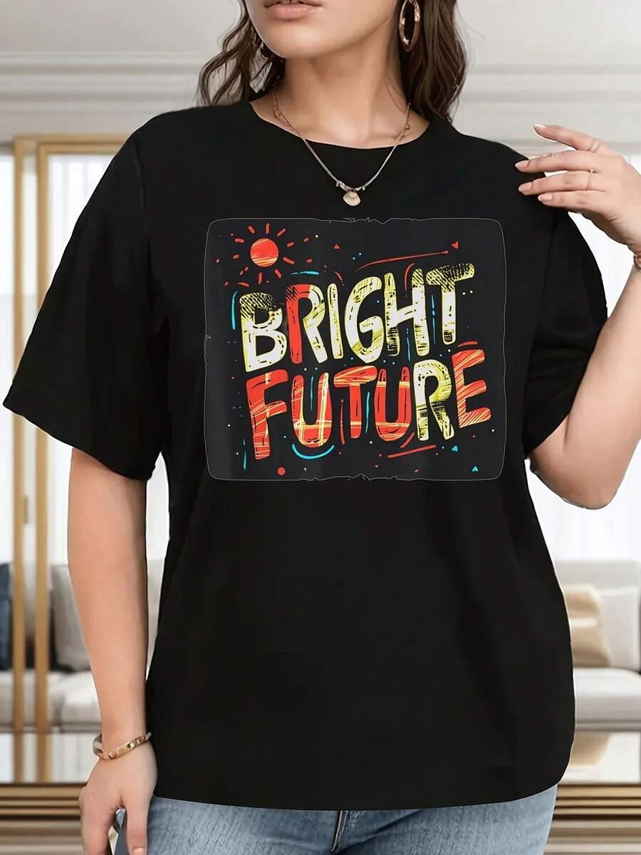 Camiseta de Talla para Mujer con Estampado Inspirador Bright Future - Blanca con estampados contrastantes de letras y estrellas, top casual de cuello redondo suave, lavable aáquina para uso diario y vacaciones, ropa de energía positiva - Camiseta de Manga Corta de Algodón, Cuello Redondo, Estilo Vintage Urbano, Unisex y Holgada. - Negro - Ver 1