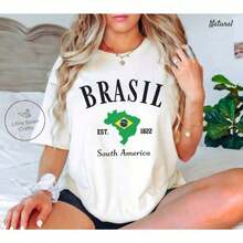 Brazil Shirt, Brazilian Flag T-Shirt,Oversized Short Sleeve Classic Heavy Cotton T Shirt Printed Graphic Tee Women's Casual Short-Sleeved Topplayeras de mujer - Blanco - Ver 6