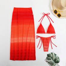Nuevo Bikini Sexy de Tres Piezas con Falda Larga de Malla Degradada para Playa - Rosa Fucsia - Ver 7