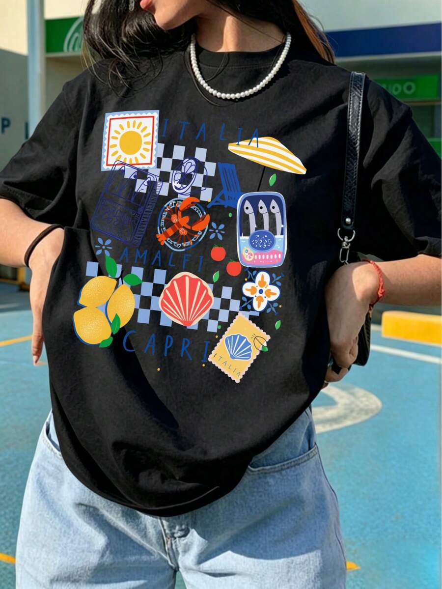 女款歐式夏季阿瑪菲卡普里檸檬印花T恤，義大利度假風時尚休閒上衣，適合海灘、假期與日常穿著，黑色