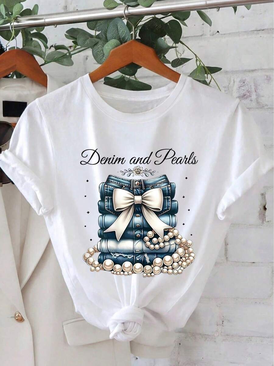 1 pieza de camisa de manga corta con cuello redondo y diseño de denim y perlas para mujer, top casual de moda, ropa elegante para mujer, regalo de cumpleaños, regalo de vacaciones. - Blanco - Ver 1