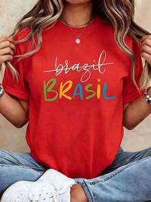 Women's Printed T-Shirt 100% Brazil, BRAZIL Graphic Print, Short Sleeve, Round Neck, Casual Top For Summer And Spring, Women's Clothing, Soft Unisex T-Shirt, Gender Neutral Easter Gift, Short Sleeve Top, Gender Neutral Casual T-Shirt "Best Mom Ever", Summer T-Shirt. - 紅色 - 查看 7