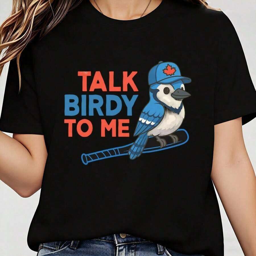 LooseFunny Talk Birdy To Me Blue Jays Baseball Shirt Unisex Tee Graphic Tee Baseball Fan Gift Baseball Lover Shirt Funny Baseball T-Shirt 100% Cotton 1PC GBasic Crew Neck Cotton T-Shirt For Women - 黑色 - 查看 1