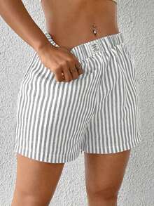 Shorts tejidos de mujer con rayas azules - Gris - Ver 1