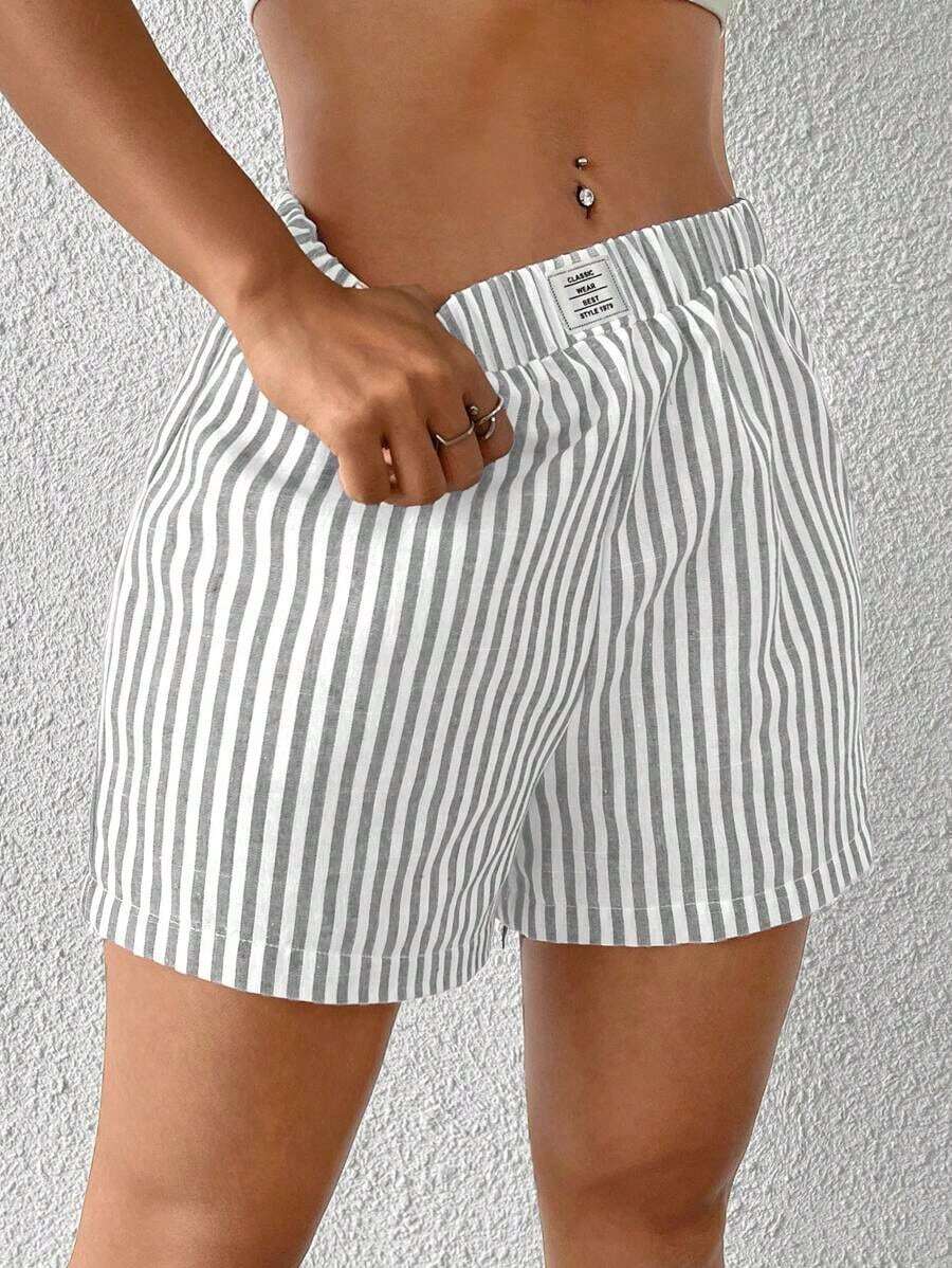 Shorts tejidos de mujer con rayas azules - Gris - Ver 1
