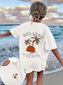 Camiseta de manga corta estilo hawaiano para mujer, 100% algodón, corte holgado, estampado de cocoteros al atardecer, transpirable y agradable para la piel, top casual de verano para playa, con estampado de letras, camiseta de manga corta de verano para mujer adulta, tela transpirable, adecuada para la temporada de regreso a clases, ideal para uso al aire libre, regalo perfecto. Moda de verano - alta calidad para el verano - Blanco - Ver 7