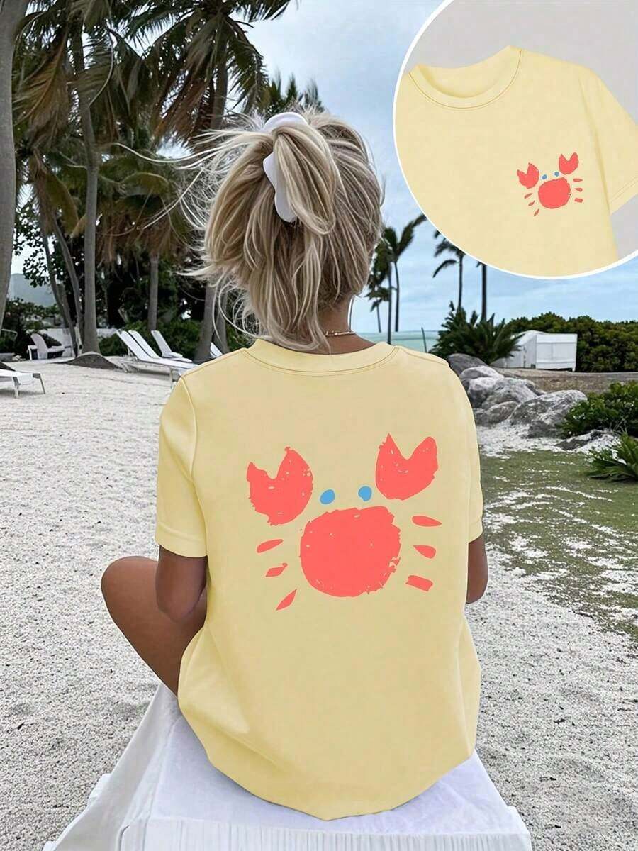 Under The Radar Girls' Casual Crew Neck Short Sleeve T-Shirt With Front And Back Cartoon Crab Print, Fashionable And Stylish For Girls - Vintage Street Style Unisex Loose Cotton Short Sleeve Crew Neck T-Shirt - 杏色 - 查看 1