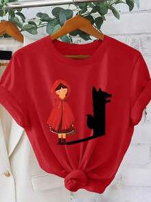 Under The RadarCamiseta de Mujer con Silueta de Caperucita Roja y Lobo - Estampado de Cuento de Hadas, Cuello Redondo, Manga Corta, Lavable a Máquina - Blusa para Looks Elegantes y Cotidianos (Gráfico de Caperucita Roja)-Vintage Street Style Unisex Loose Cotton Short Sleeve Crew Neck T-Shirt - Rojo - Ver 7
