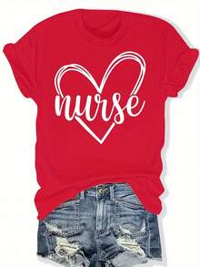 Camiseta de manga corta holgada con diseño de corazón, perfecta para uso casual en primavera y verano, disponible en tallas grandes para mujer. - Rojo - Ver 6