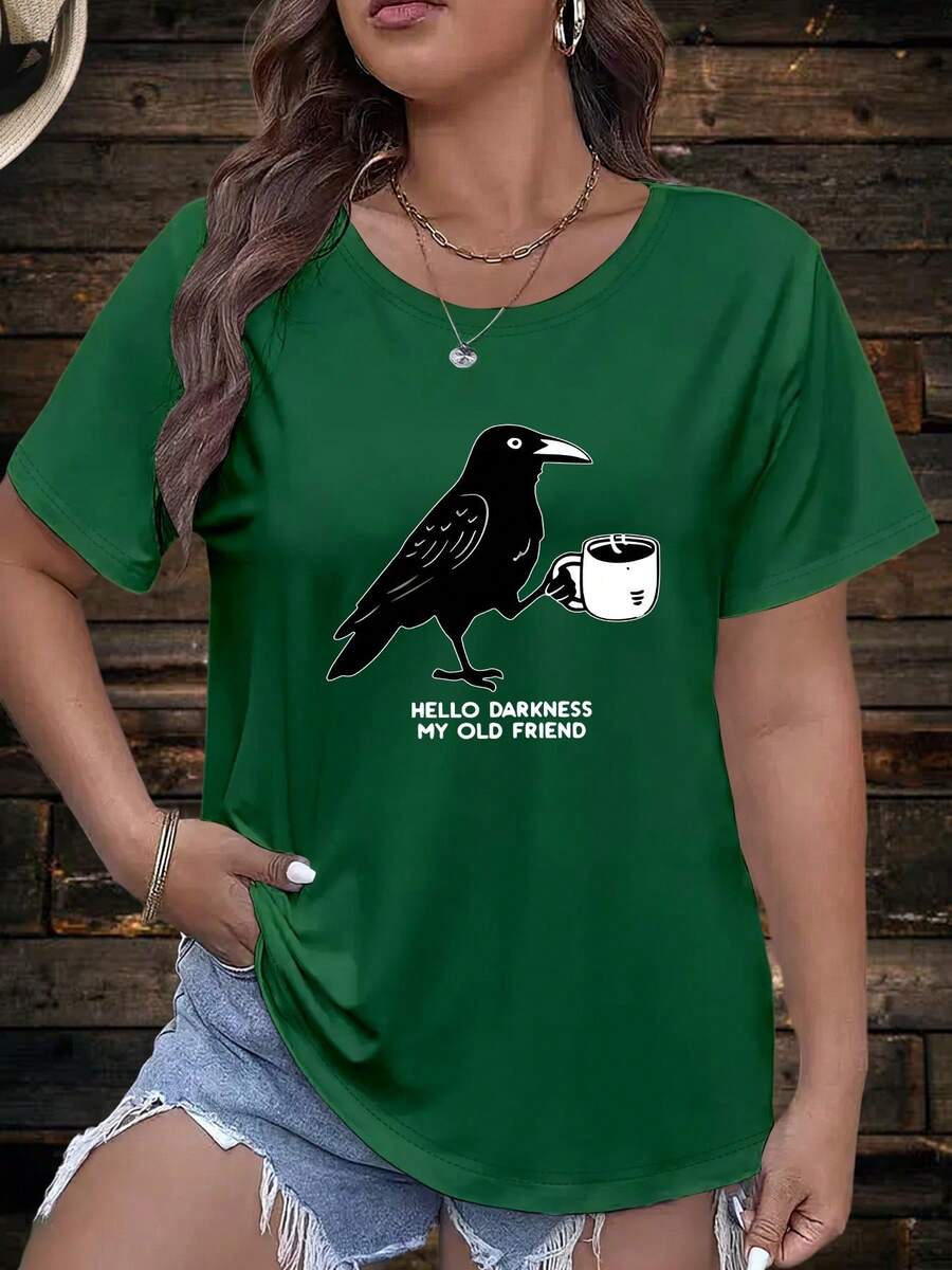 Plus Size - Plus Size - Trendy Oversized Short-Sleeve T-Shirt for Women Featuring a Popular Crow Print, Perfect for - Verde - Ver 1