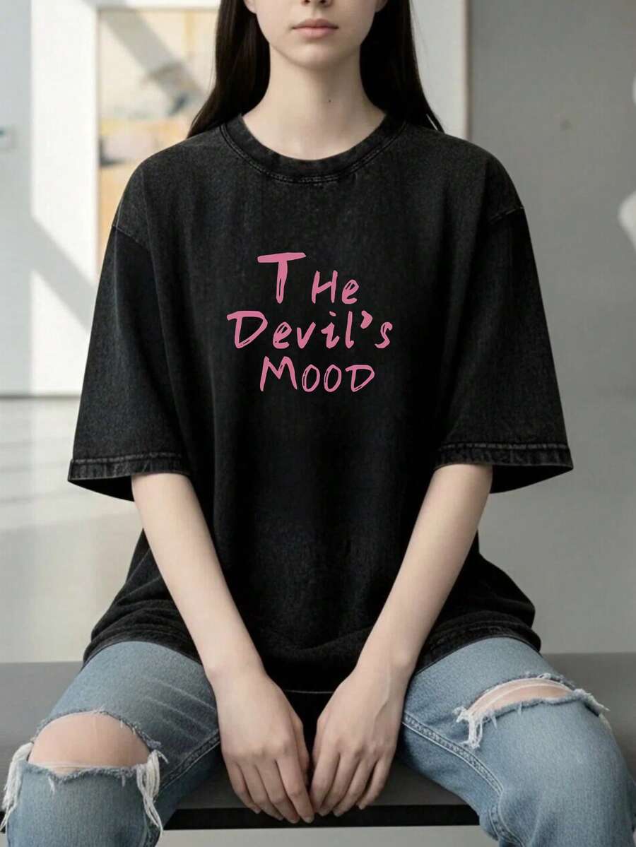 Camiseta casual vintage cómoda y lavada para mujer, camiseta de manga corta con cuello redondo,% algodón lavado y versátil para hombre, adecuada para uso diario y atuendos de, estilo unisex. - Negro - Ver 1