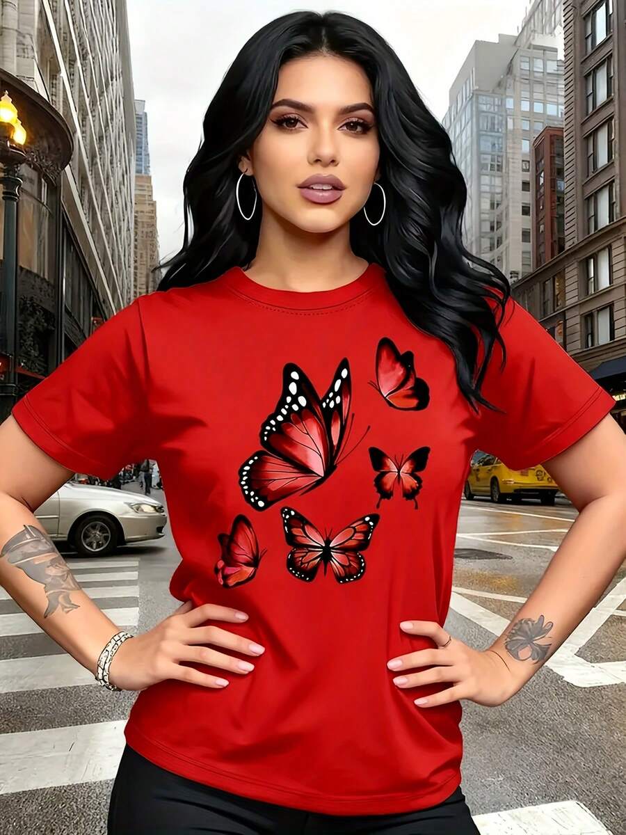 [Quanquan] Fashionable Butterfly Print T-Shirt - Short Sleeve, Crew Neck, Comfortable, Breathable And Soft, Perfect For Spring And Summer - Unisex Vintage Urban Style Loose Fit Cotton Short Sleeve Crew Neck T-Shirt - 紅色 - 查看 1